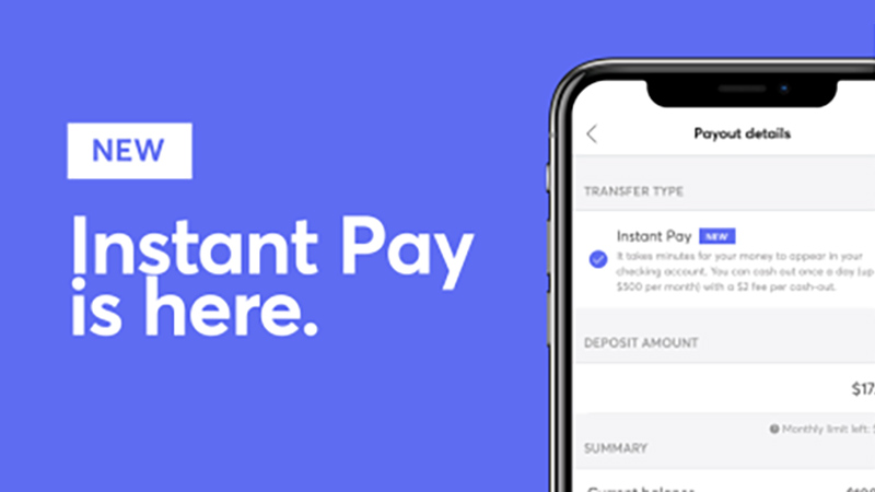 Instant Pay app screen next to sentence saying Instant Pay is here.