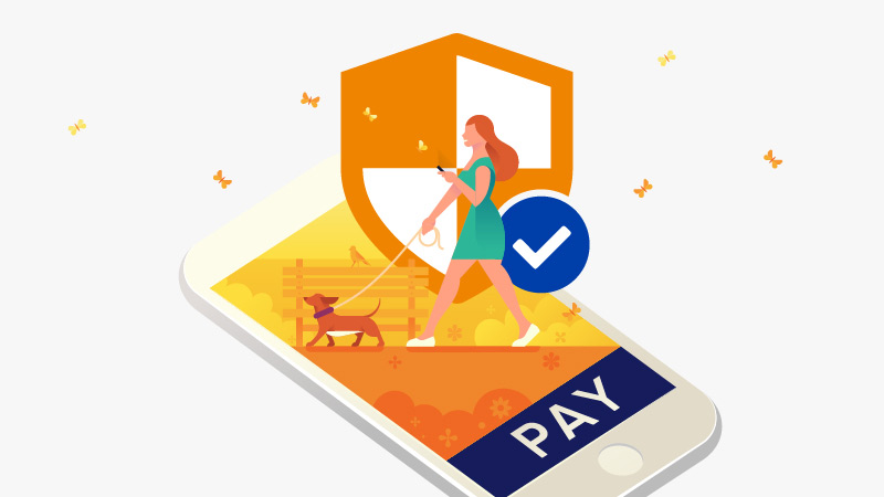 A conceptual illustration of a dog walker that conveys payment security.