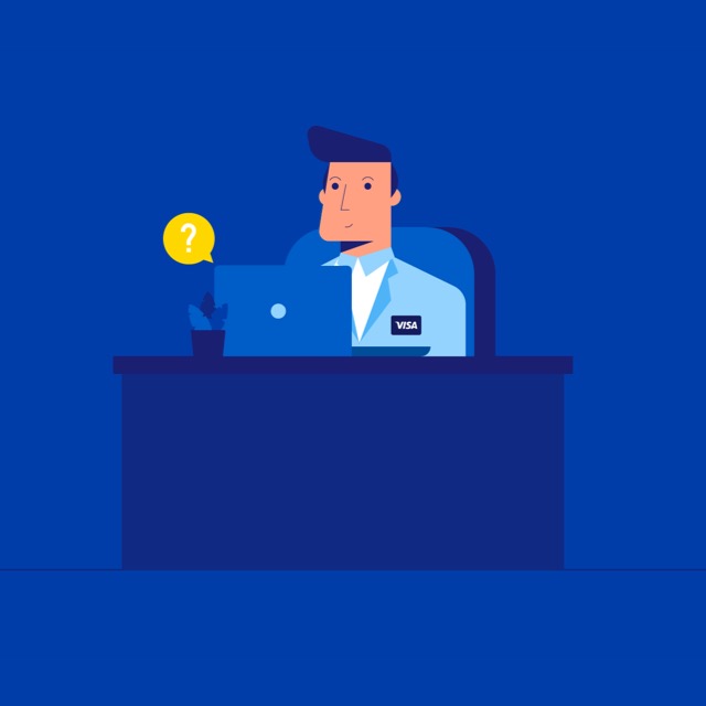 illustration of a man sitting at a desk while looking at a laptop monitor
